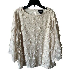Beige by ECI Floral Appliqué Polyester Lined Keyhole Back Sheer Sleeve Blouse XL